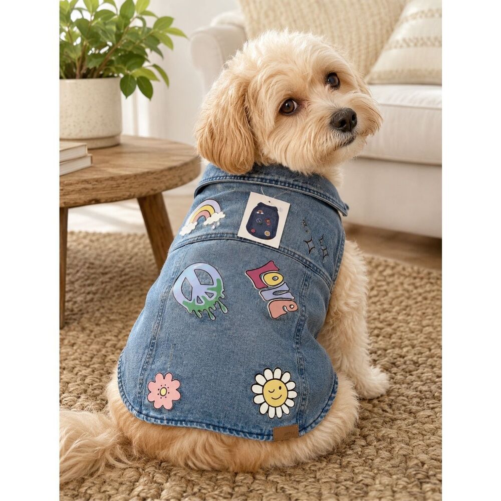 Justice Distress Denim Jacket For Pets W/Peace Sign, Love Decals Size S 13"